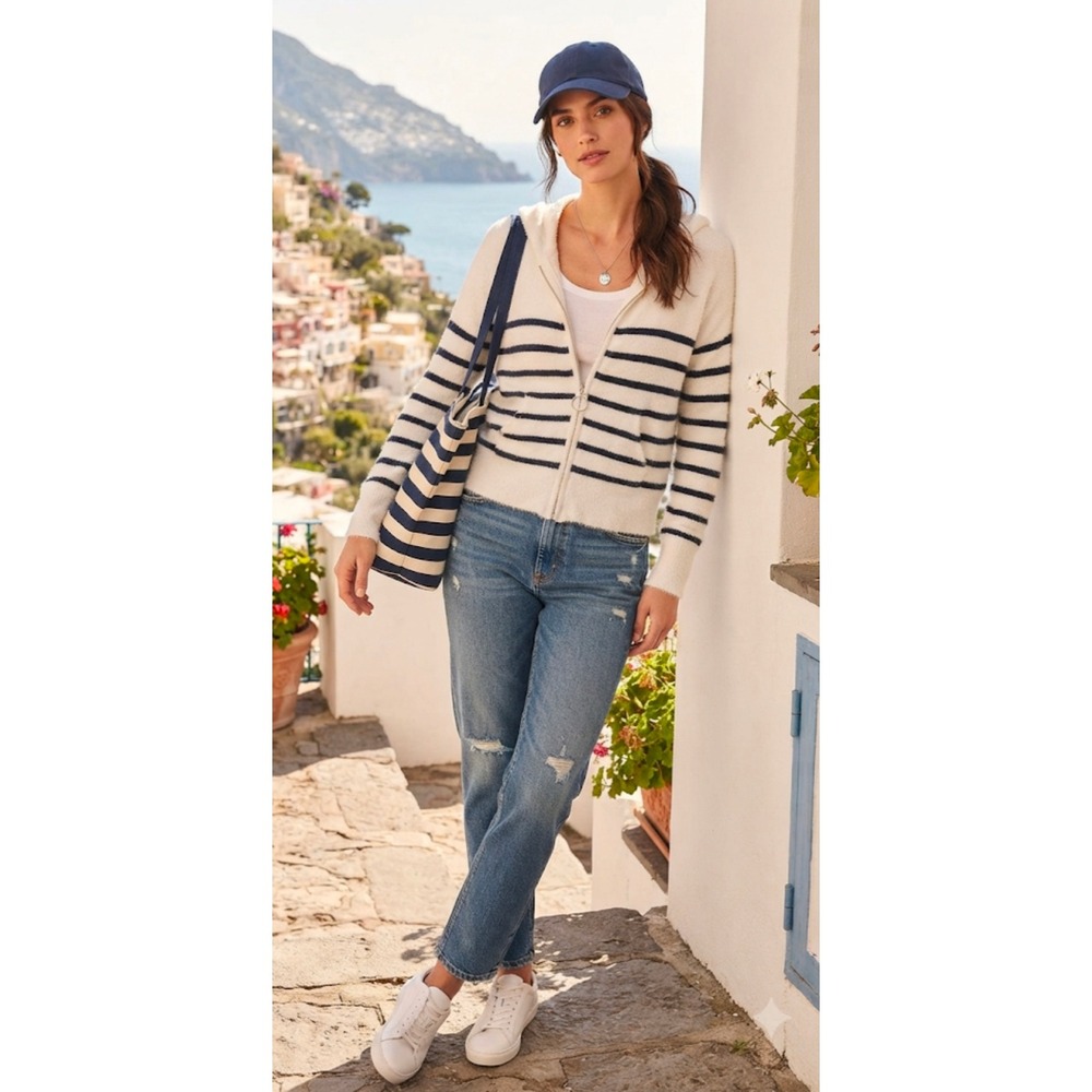 Rachel Zoe Women Large White Navy Striped Full Zip Hooded Knit Sweater Jacket